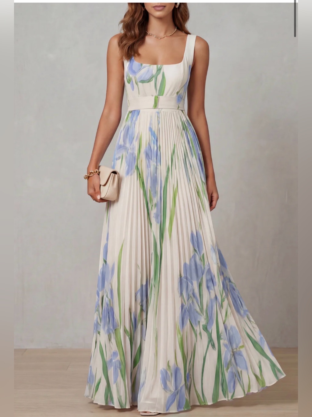Cream Maxi Dress With Blue Iris Print And Pleated Skirt